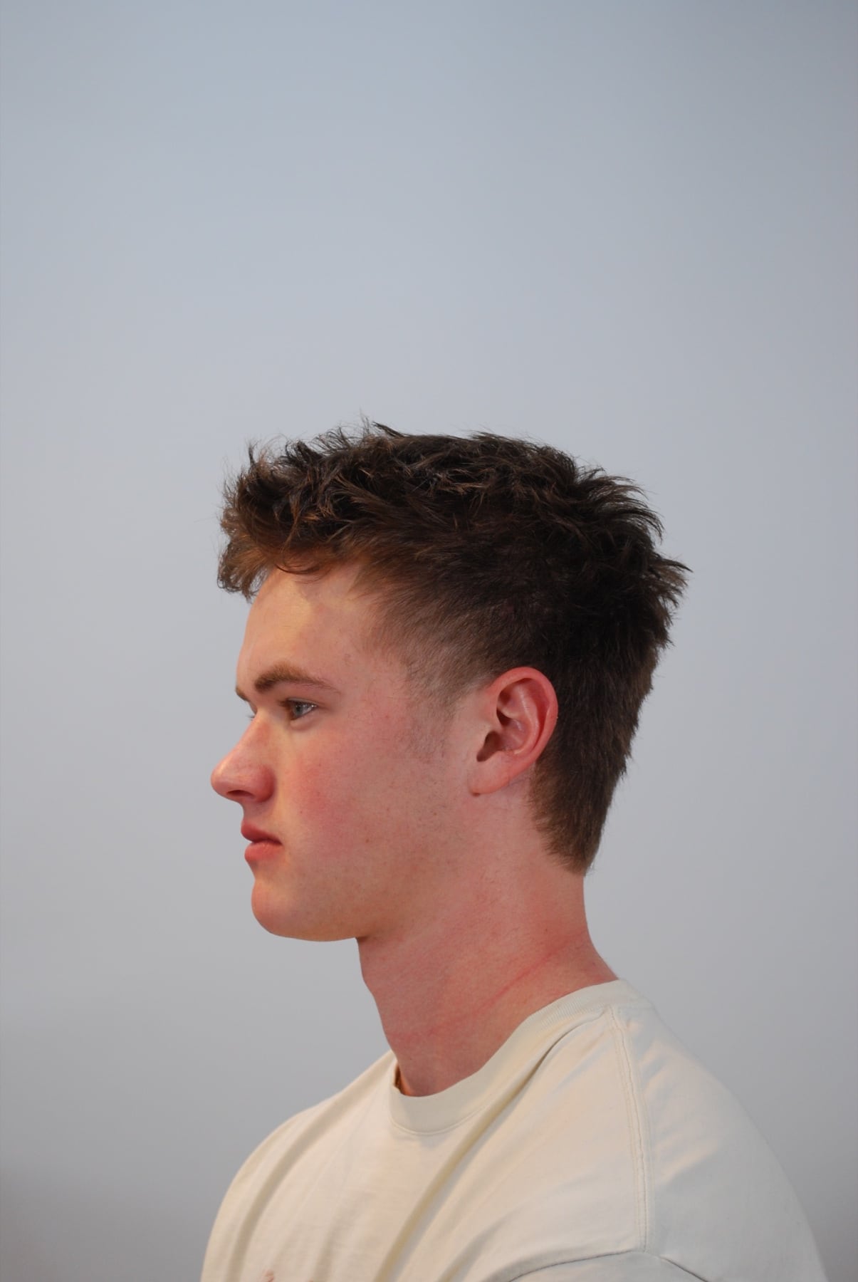Short tousled brown haircut in profile